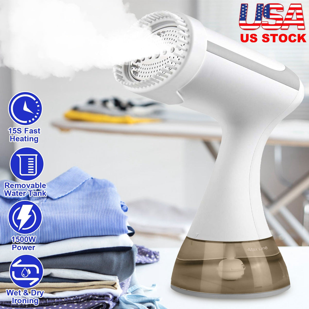 1500W Garment Steamer Portable Handheld Fabric Steamer with Lint Brush Removable 350ML Water Tank Wet Dry Ironing for Home Travel Office