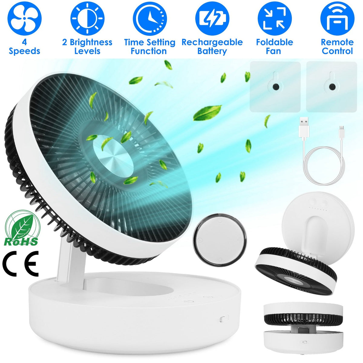 Foldable Rechargeable LED Desk Fan Wall Mounted Fan with Magnetic Remote Hanging Oscillating Fan with 4 Speeds 2 Brightness Time Setting Automatic Rot