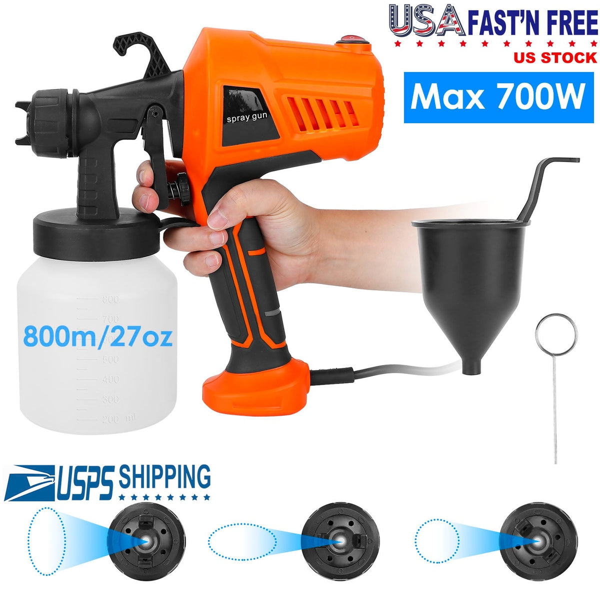 700W Electric Paint Sprayer Handheld HVLP Spray Painter Painting Spray Gun For Fences Brick Walls w/ 3 Spray Patterns 800ML Detachable Cup