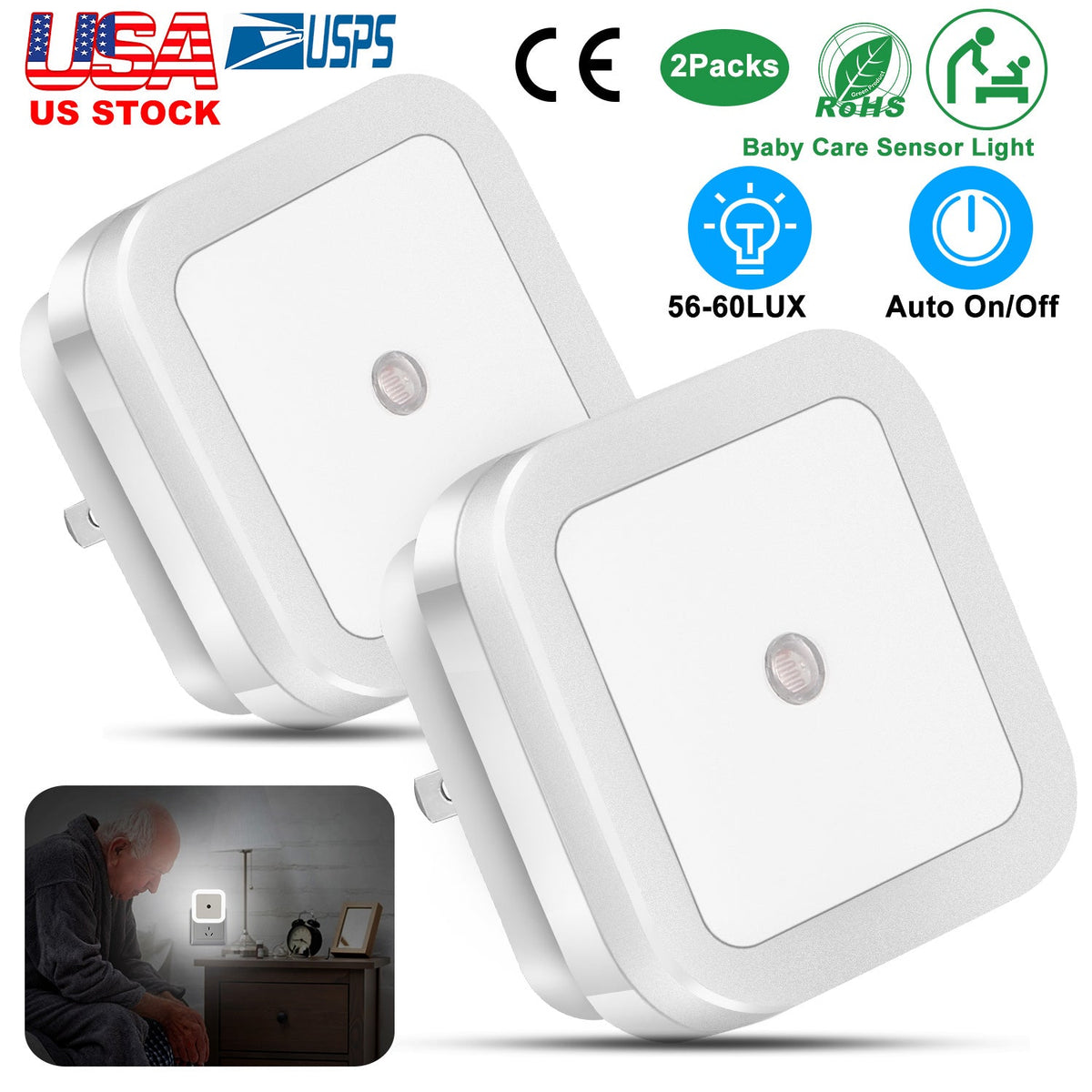 2Packs LED Night Lights Plug-in Light Sensor Lamps Cordless Indoor LED Lighting For Postpartum Mother Babysitter Aged Parent Bedroom Bathroom