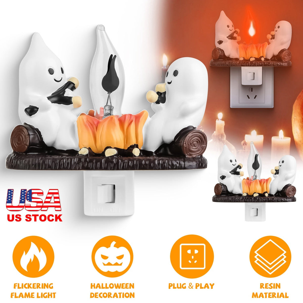 2Pcs Ghost Campfire Flickering Flame Night Light Indoor 3D Funny Halloween Nightlight Decoration Bedroom Night Light Halloween Decoration Gift For Fri