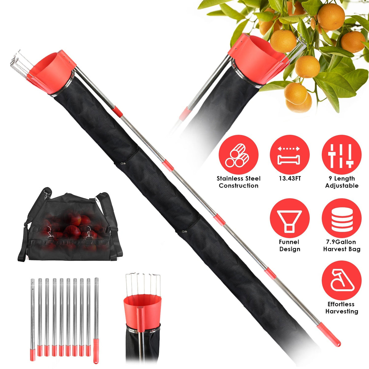 13.43FT High Reach Fruit Picker Pole with Harvest Bag Heavy Duty Fruit Picking Tool with Basket Funnels Collection Bag for Mango Avocado Lemon Apples
