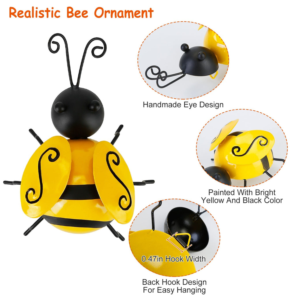 4Pcs Bumble Bee Set Ornament 3D Iron Hanging Bee Wall Decor Art Sculpture Statues Decorations For Fence Lawn Bar Living Room