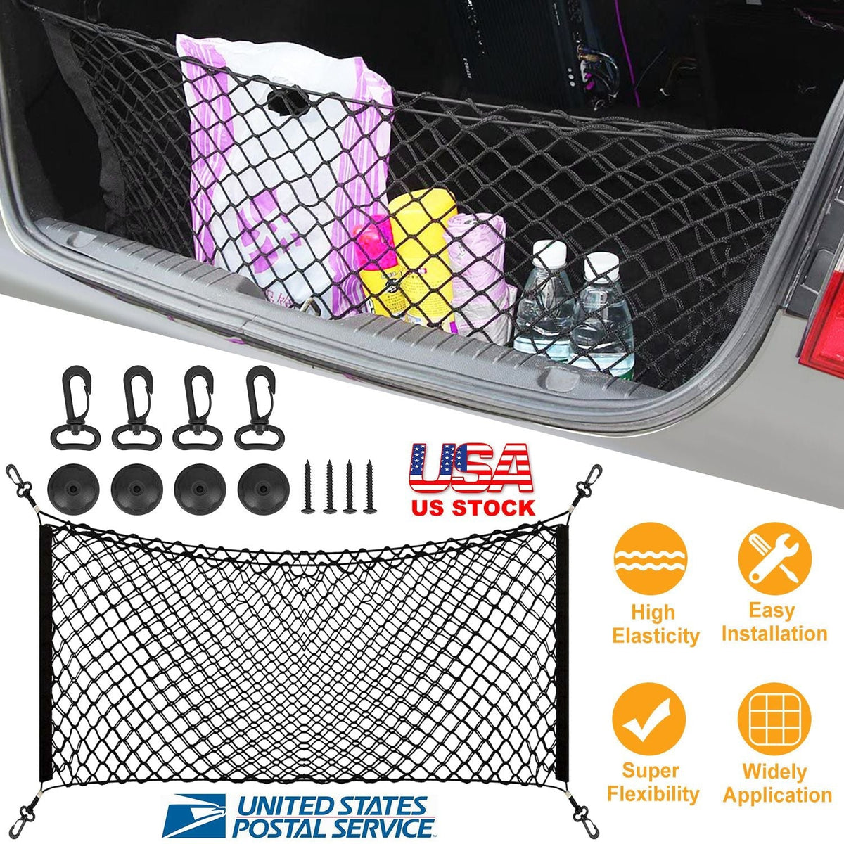 Trunk Cargo Net Stretchable Universal Elastic Truck Net Rear Seat Trunk Storage Organizer Net with Fasteners and Hardware Flexible Nylon Car Storage M