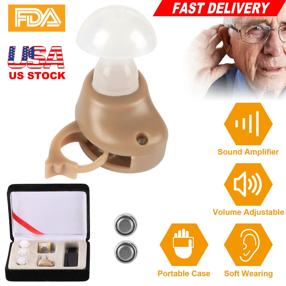 Hearing Amplifier In-Ear Hearing Aids FDA Approved Personal Sound Amplifier For Adults Senior Amplifier Volume Adjustable Carry Case For Meeting Class