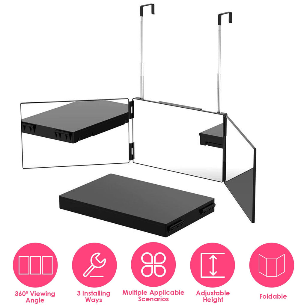 3 Way Mirror with Telescopic Hanger Tri-fold Mirror Personal Makeup Mirror for Self Shaving Hair Cutting Dyeing Curling Braiding