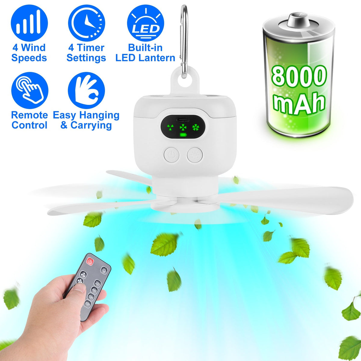 2 In 1 Portable Camping Fan with LED Lantern 8000mAh Battery Powered Tent Fan with Carabiner Digital Display 4 Speeds 4 Timer Settings for Camping Can