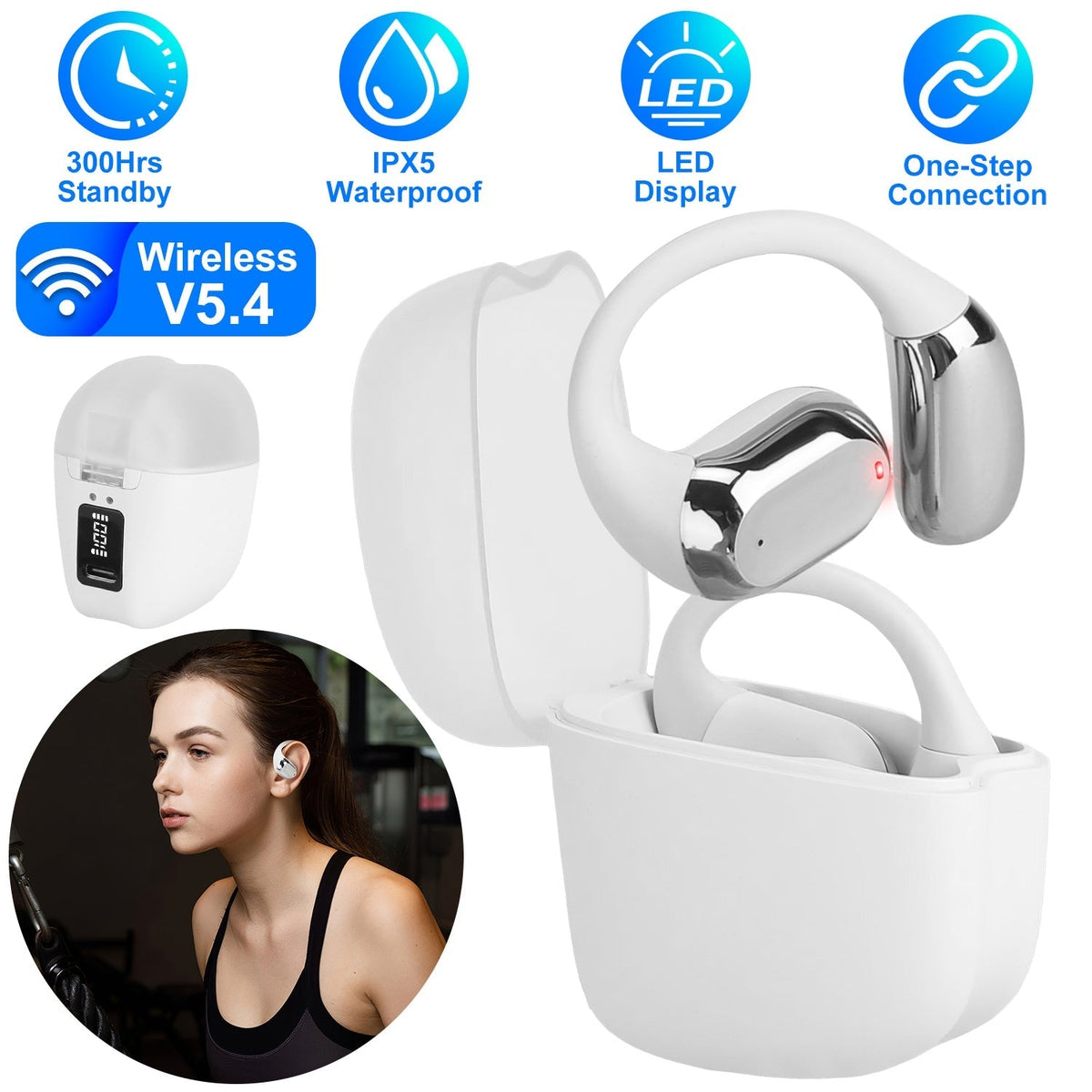 Wireless V5.4 Open Ear Earbuds with Earhook LED Display Charging Case IPX5 Waterproof 300Hrs Standby Time Touch Control Stereo Sport Headphones for Wo