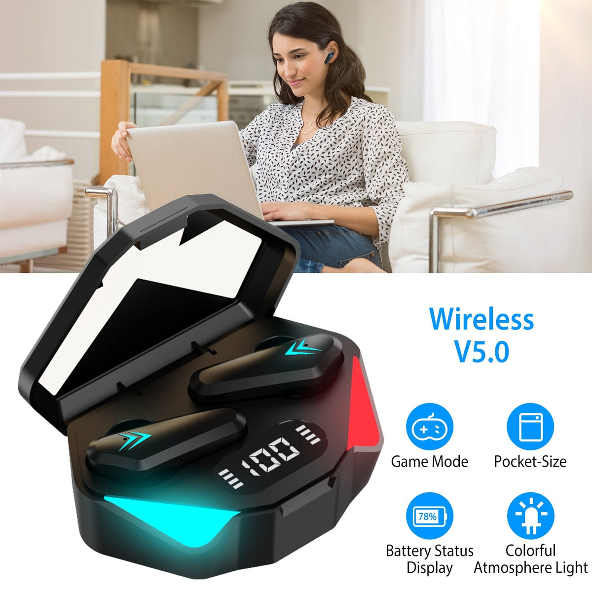 Wireless TWS 5.0 Earbuds Headphone in-Ear Earphone Headset with Charging Case Waterproof Low Latency Game Mode