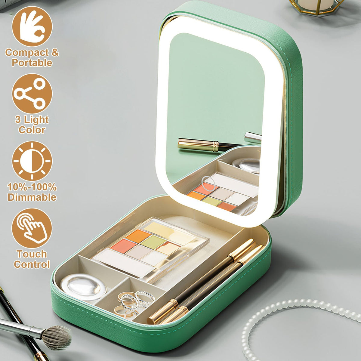 Portable Travel Makeup Bag With LED Mirror Rechargeable Beauty Mirror With 3 Color Light Dimmable Brightness Waterproof Cosmetic Bag With 4 Compartmen