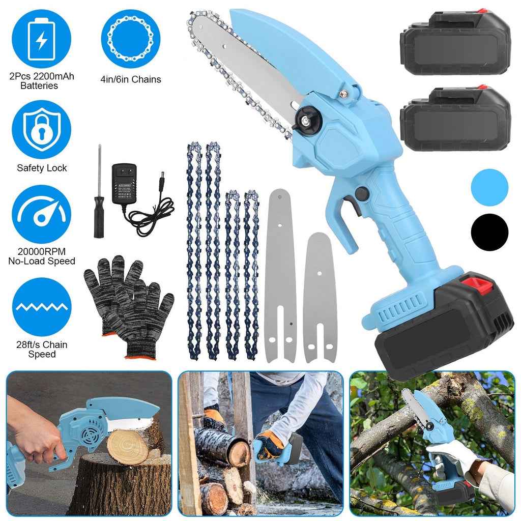 Electric Mini Chainsaw Portable Handheld Cordless Small Chain Saw Battery Powered with 2Pcs 2200mAh Rechargeable Batteries 4in/6in Chains for Pruning