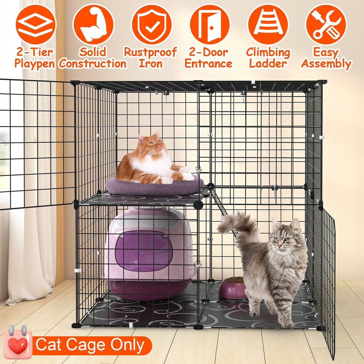 2-Tier Cat Cage Playpen with Ladder & 2 Doors for Indoor Pets