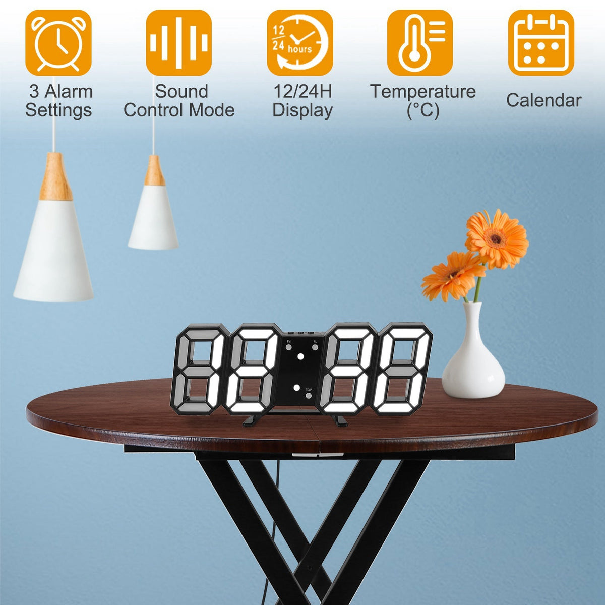 3D LED Digital Wall Clock Sound Control Table Desk Alarm Clock w/ 3 Auto Adjustable Brightness Snooze Date Temperature 12/24Hr Time Display For Office