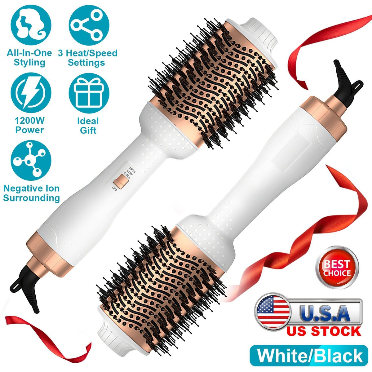 4 In 1 Hair Dryer Brush Curling Brush Hair Styler Volumizer Straightener Negative Ion Anti-frizz Hot-Air Hair Brush for All Hair Types Black White