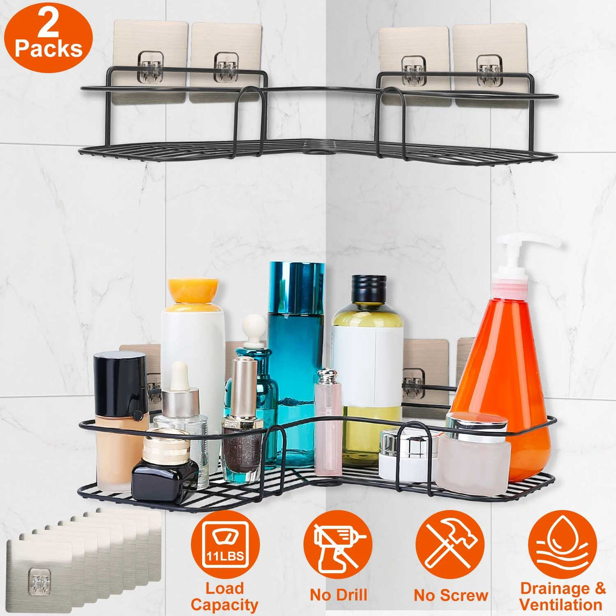2Pcs Corner Shower Caddy Shelves Wall Mounted Basket Rack Bathroom Shampoo Holder Storage Organizer W/ 8Pcs Adhesive Hooks For Toilet Dorm Kitchen