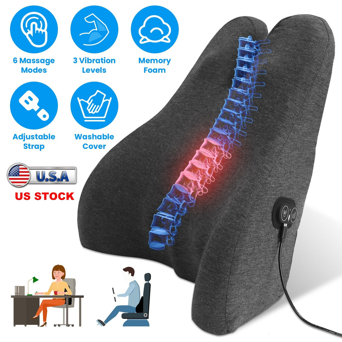 Lumbar Support Pillow For Office Chair Car Seat Home Dining Chair Soft Memory Foam Back Support Cushion With Vibration Washable Cover Elastic Strap Ba