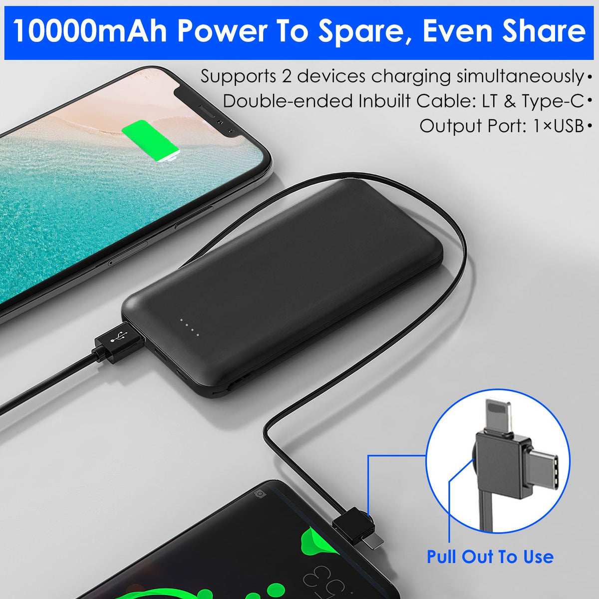 10000mAh Power Bank Portable Phone Charger External Battery Pack with LT & Type-C Double-ended Cable Type-C USB Cable Fit For IOSPhone 14 Android And