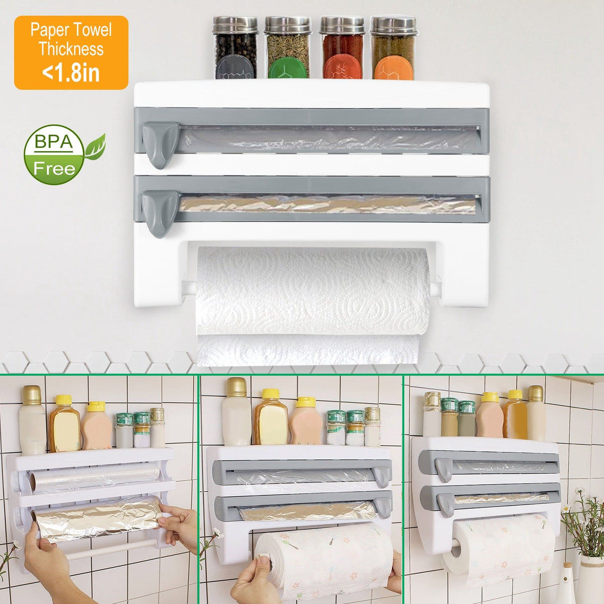 Kitchen Roll Dispenser Paper Roll Holder Plastic Wrap Film Foil Paper Organizer w/ Cutter Wall Mounted for Kitchen Bathroom