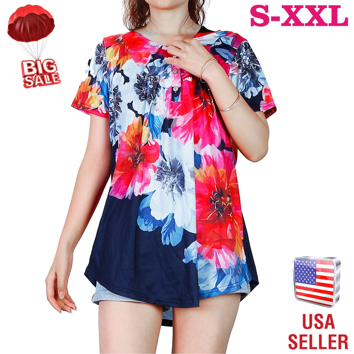 Women Summer Shirts Tops Loose Short Sleeve T Shirts Casual Floral Printed Button Shirts Blouse S-XXL