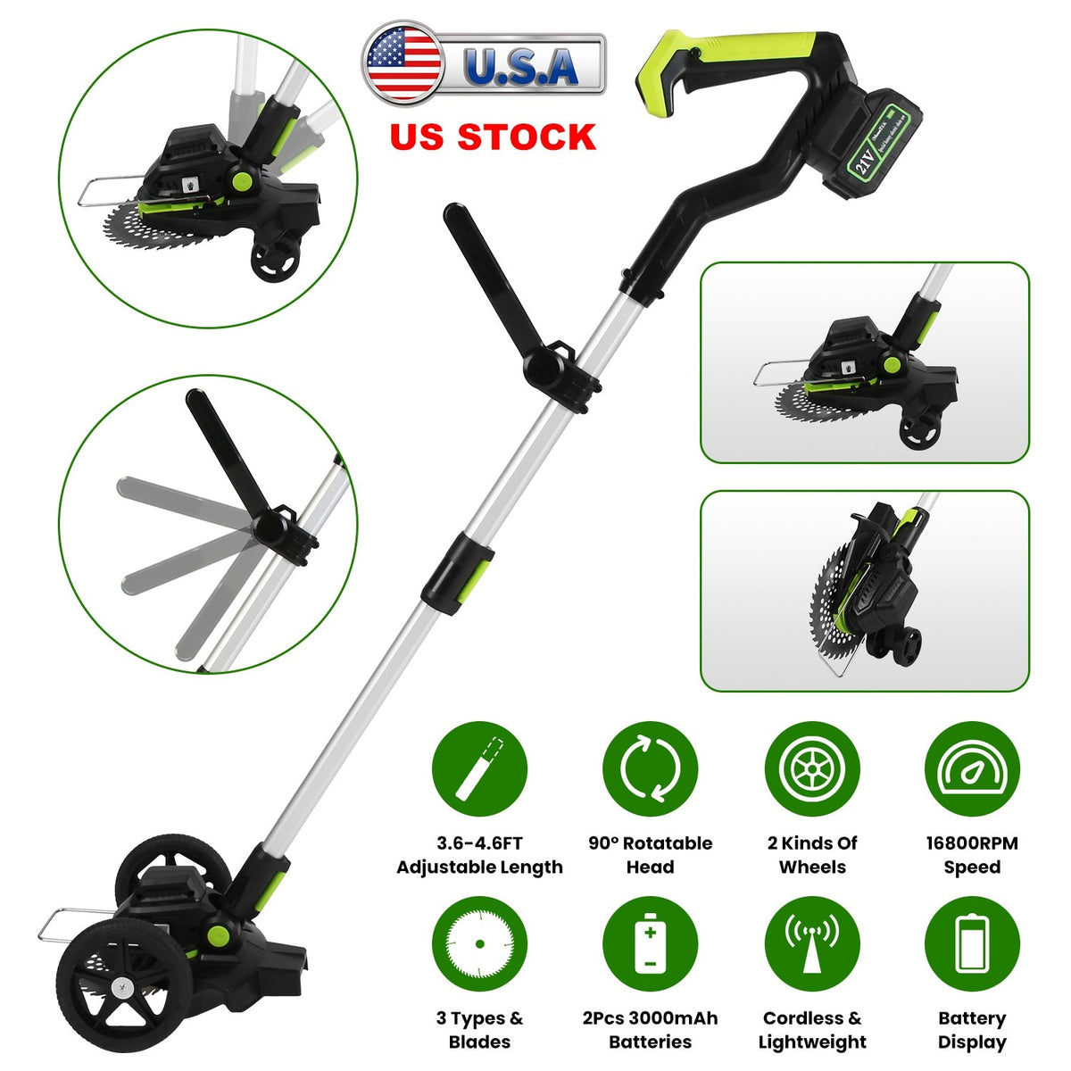 21V Electric Weed Edger Cordless String Trimmer Grass Mower Eater Bush Cutter with 16800RPM 2x 3000mAh Batteries 3.6-4.6FT Length 90¡ Rotatable Angle