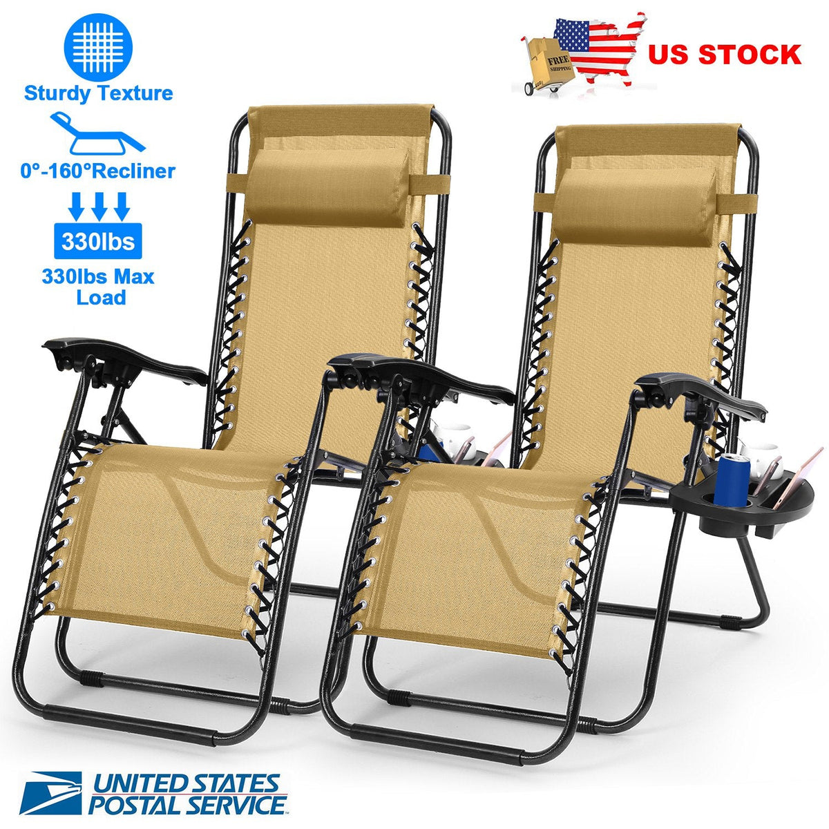 2Packs Zero Gravity Lounge Chair w/ Dual Side Tray 330lbs Load Foldable Recliner Chair w/ Stress Relief Pillow Patio Poolside Beach Lying Chair