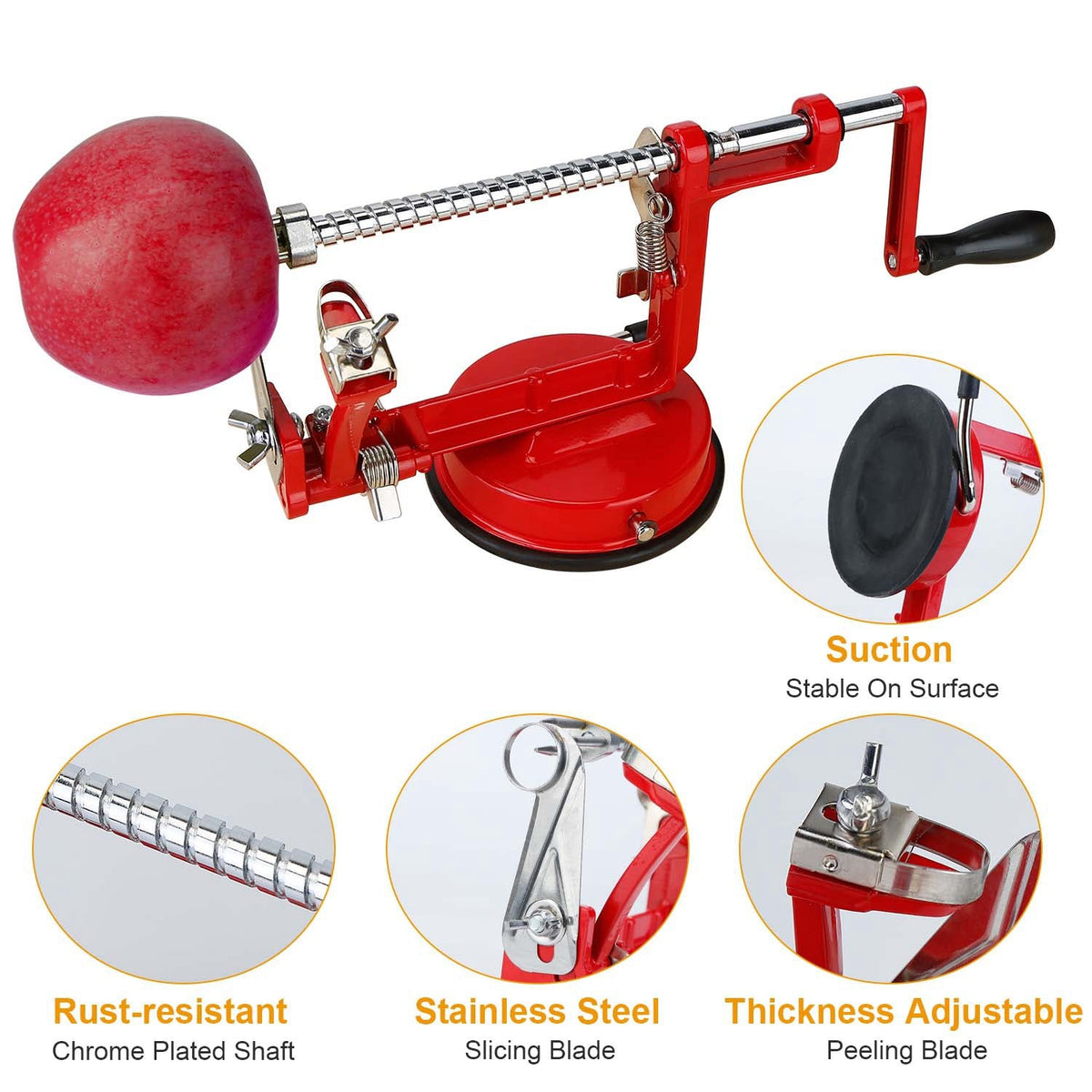 3In 1 Apple Peeler Manual Rotation Potato Fruit Core Slicer Kitchen Hand Cracking Corer w/ Zinc Alloy Peeler Suction Base