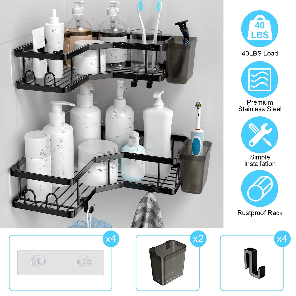 2Pcs Corner Shower Caddy Anti-Rust Soap Holder Hanging Hook No Drilling Adhesive Shower Organizer Corner Shelves Bathroom Kitchen
