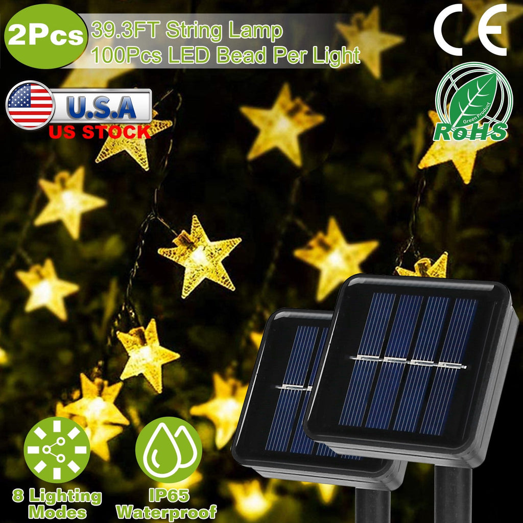 2Pcs Solar Powered String Lights 39.3FT 100LED Beads Fairy Star Lights IP65 Waterproof Decorative Garden Party Christmas Tree Stake Lamps w/ 8 Lightin