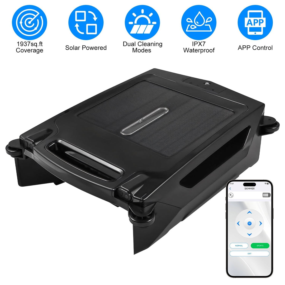 Solar PoweredÊRobotic Pool SkimmerÊAutomatic Swimming Pool Surface Cleaner with 2 Cleaning Modes Dual Charging Methods IPX7 Waterproof 1937sq.ft Cover