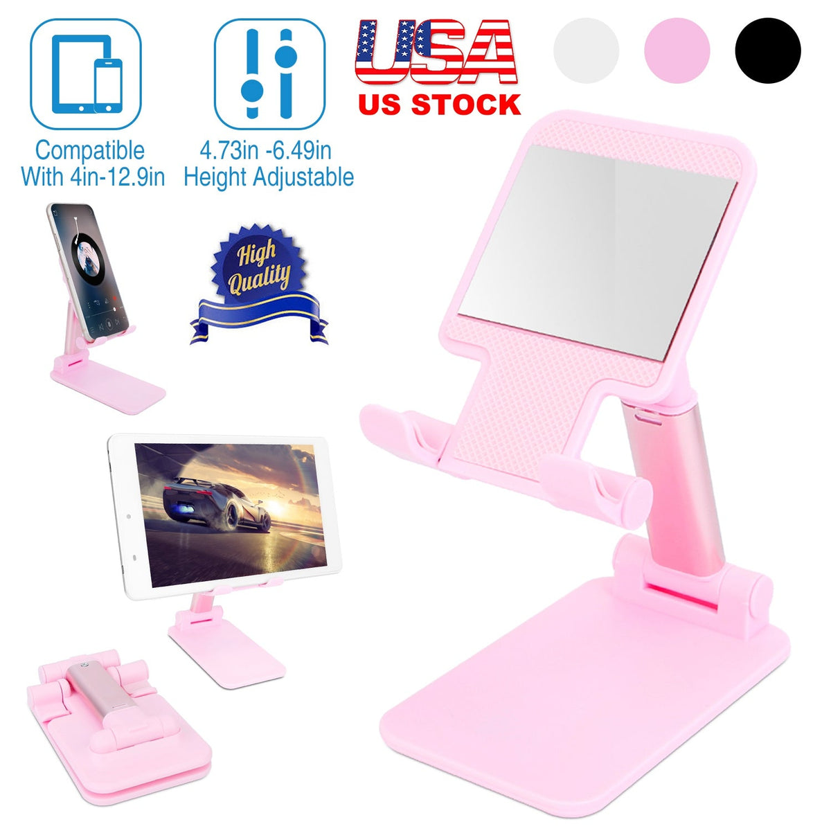 Foldable Desktop Phone Stand Angle Height Adjustable Tablet Holder Cradle Dock w/ Mirror Fit For 4-12.9in Device