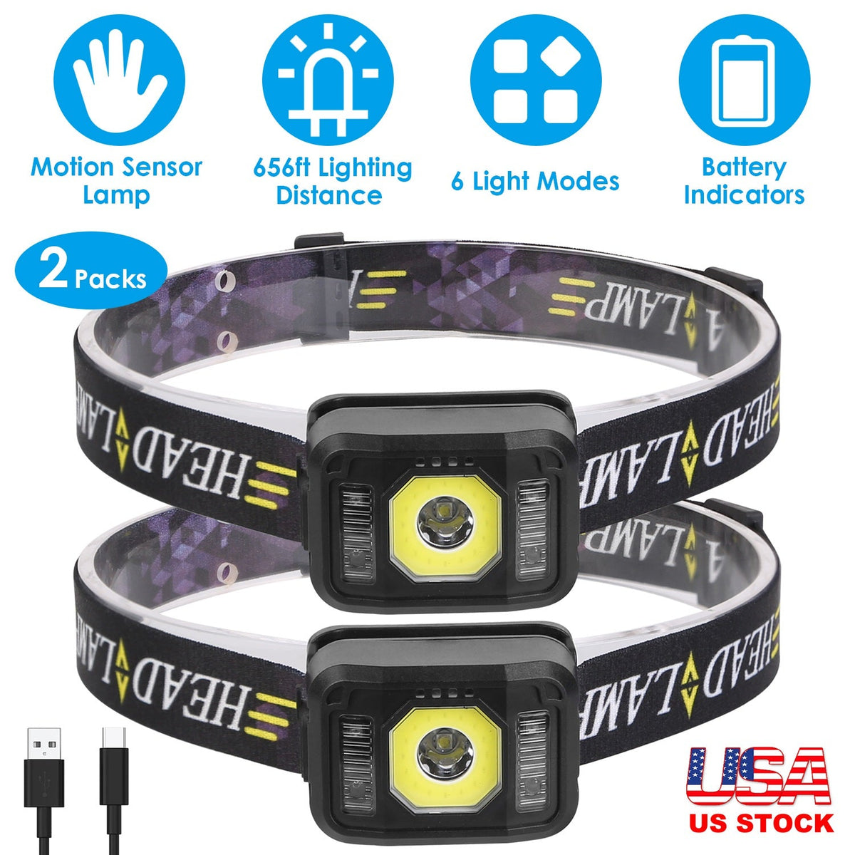 2Packs Rechargeable Motion Sensor Headlamp 6 Light Modes COB XPG Headlight Torch Flashlight for Fishing Running Camping Hiking