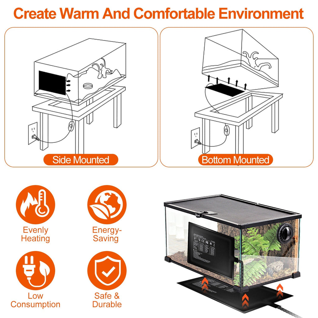 Electric Reptile Heating Pad With 32-122¡F Temperature Adjustment IPX7 Waterproof Timer Setting Under Tank Heating Mat for Lizards Turtles Snake Spide