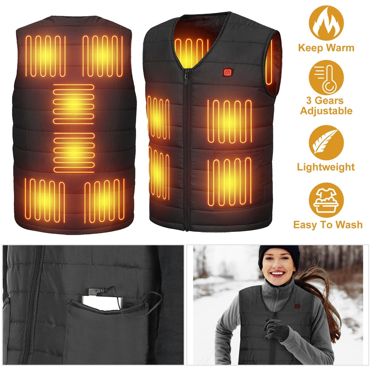 Heat Jacket Vest 3 Heating Gear Adjustable USB Heated Vest Warm Heat Coat Vest with 10 Heating Pads For Men Women Winter Outdoor Activity