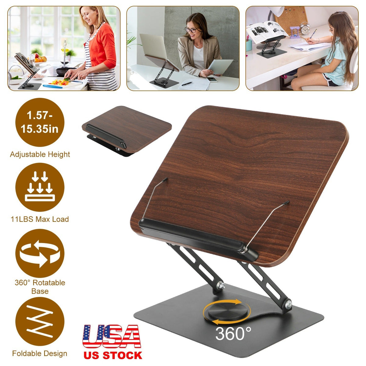 Book Stand for Reading Foldable Wood Book Holder Reading Rack Paper Stand with Adjustable Height 360¡ Rotatable Base Dual Paper Clips for Book Sheet M