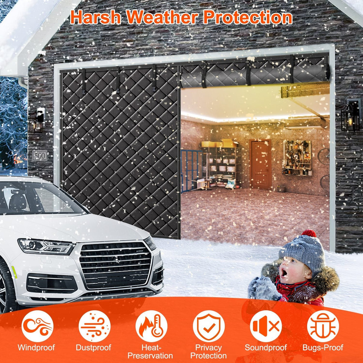 16*7FT Magnetic Thermal Insulated Garage Door Curtain for Winter Two-Car Garage Screen with Magnetic Closure 8 Roll Up Buckle Straps for Two Cars Weat