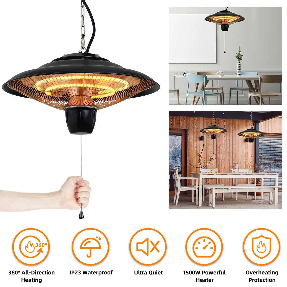 1500W Outdoor Hanging Patio Heater Ultra-Quiet Electric Heating Lamp IP23 Waterproof 2 Heating Levels Overheating Protection Ceiling Mounted Outdoor H