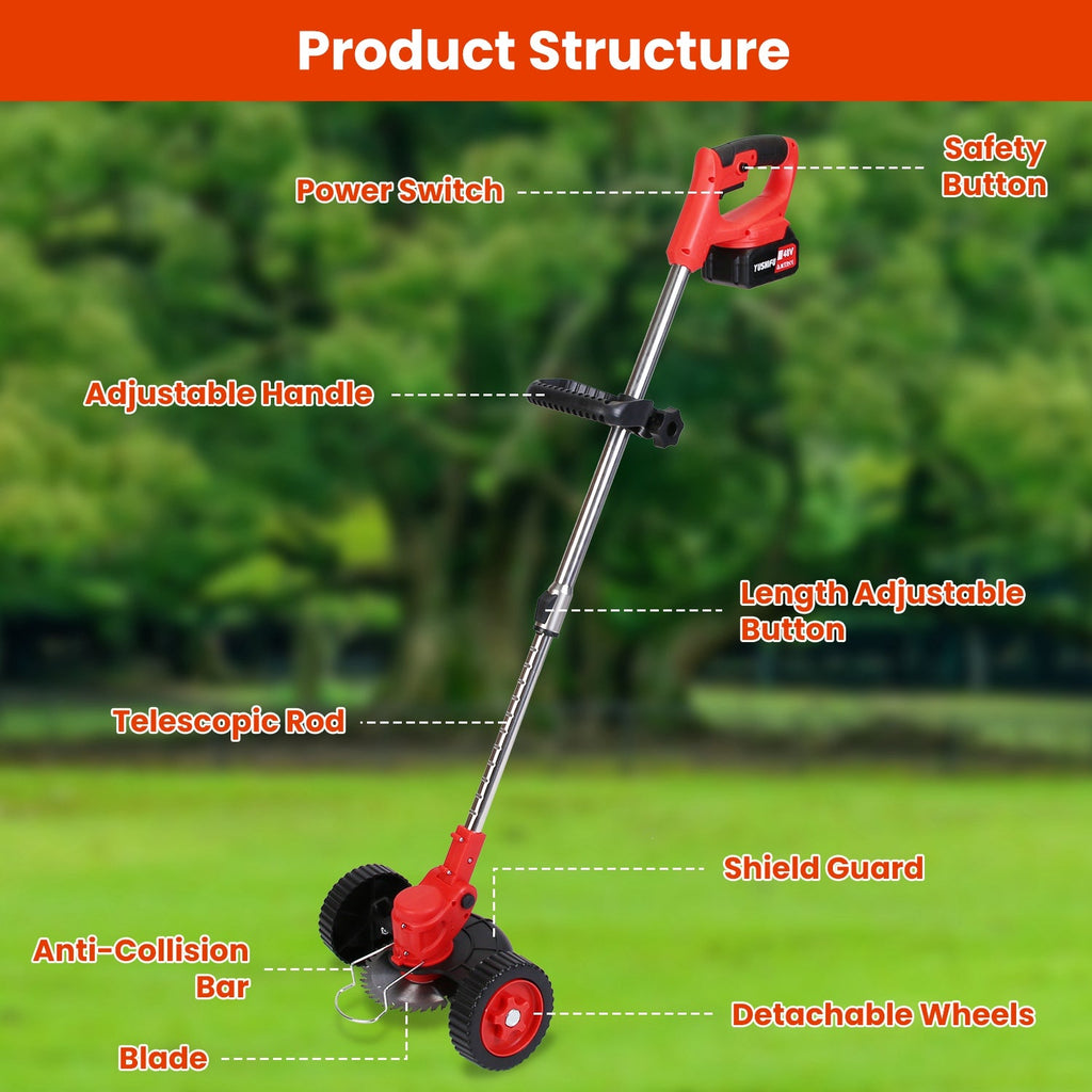 3 in 1 Electric Cordless Grass Wacker Battery Powered Grass Trimmer With Wheels Adjustable Head Extendable Length Rechargeable Lightweight Lawn Trimme