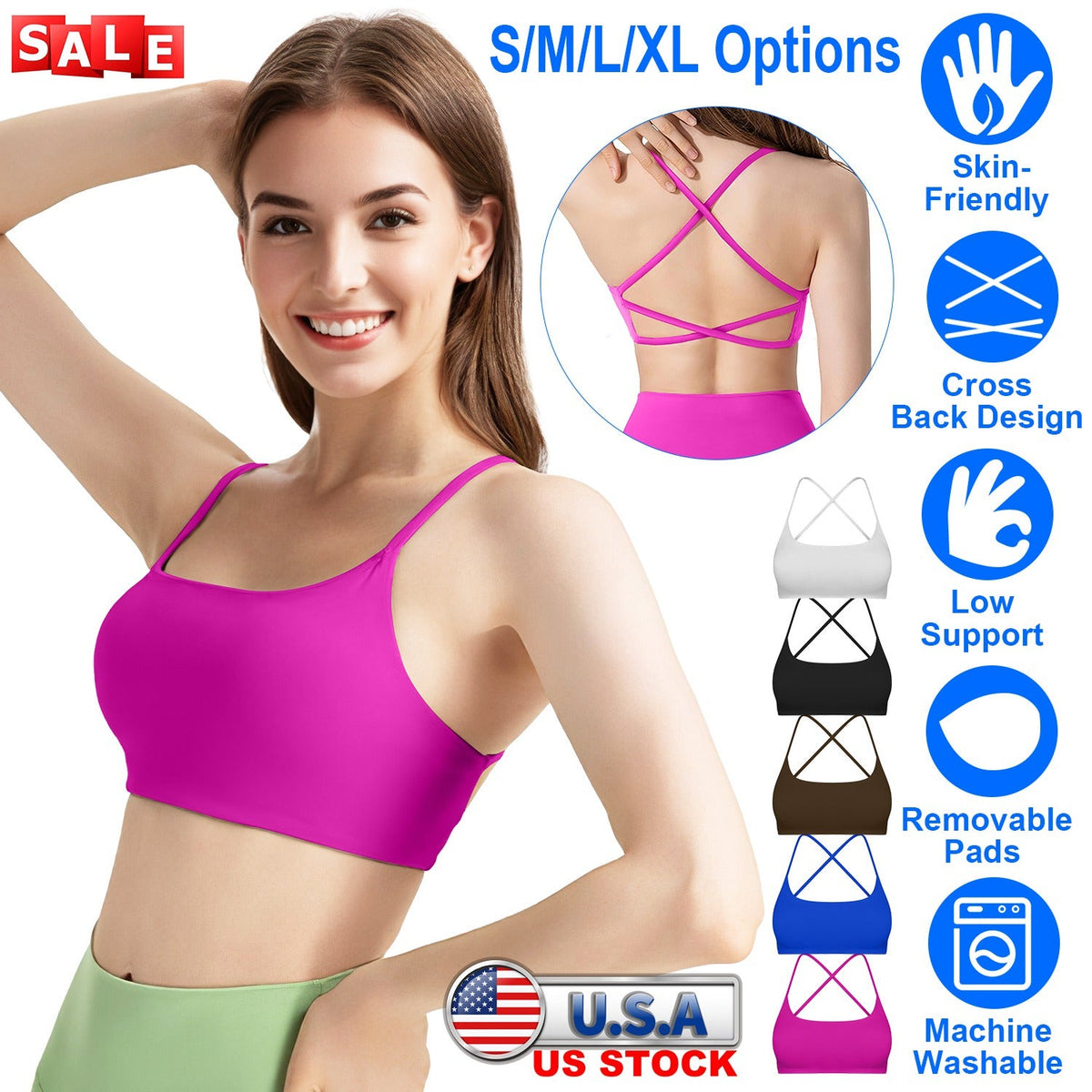 Women Cross Back Sport Bras Padded StrappyÊCrop Open Back Low Impact Bras SexyÊFitnessÊTank Tops with Removable Pads Thin Straps for Gym Yoga Workout