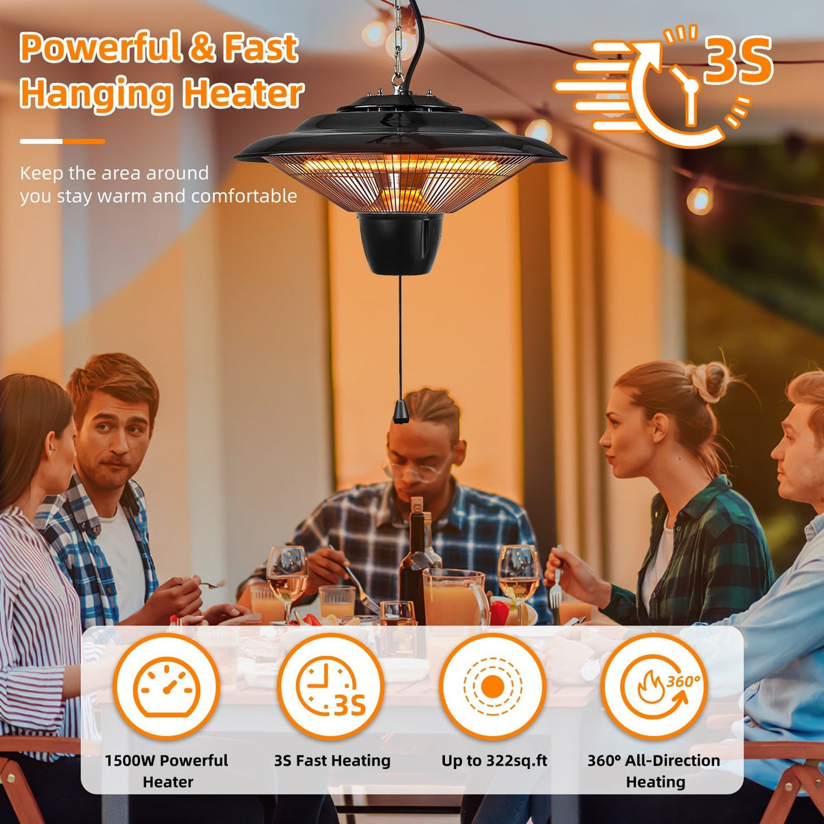 1500W Outdoor Hanging Patio Heater Ultra-Quiet Electric Heating Lamp IP23 Waterproof 2 Heating Levels Overheating Protection Ceiling Mounted Outdoor H