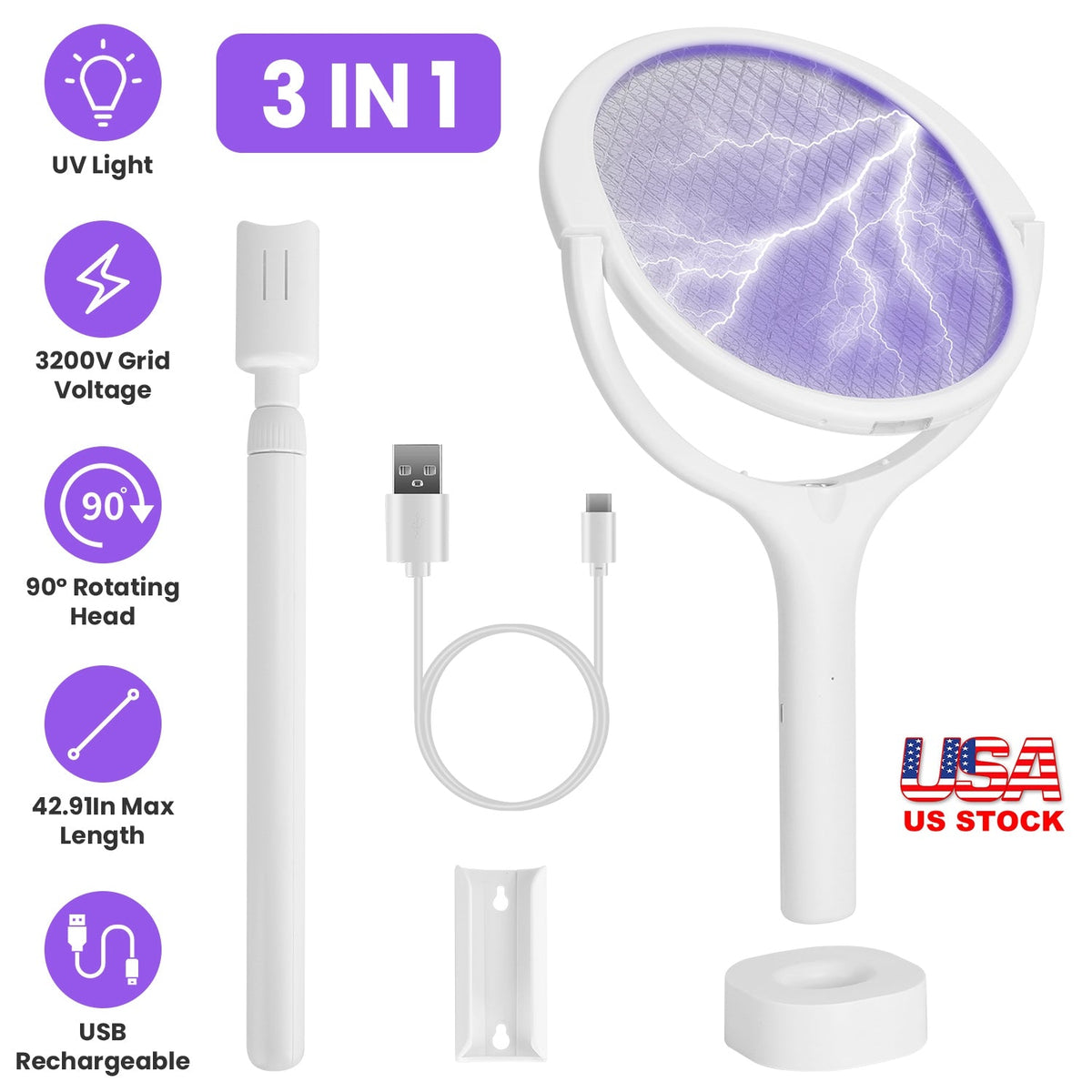 3 In 1 Electric Bug Zapper Racket 90¼Rotating Bug Zapper Wand Indoor Outdoor Handheld Mosquito Swatter with Telescopic Extension Wand