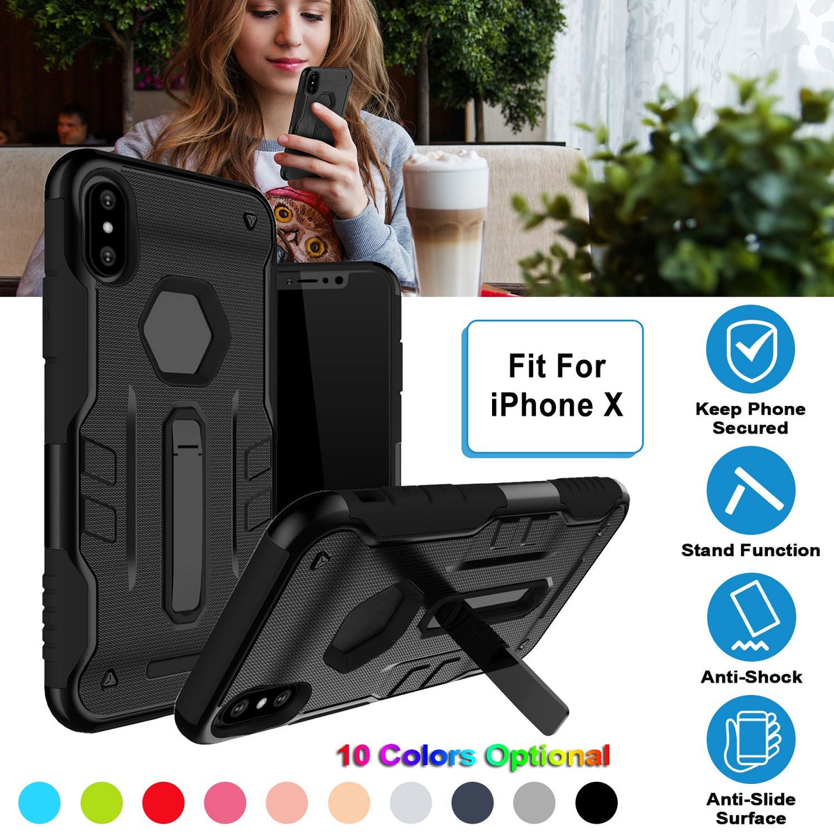 Rugged Phone Case for iPhone X Drop-protection Phone Case with Kickstand Heavy Duty Dual Layers Phone Protective Cover