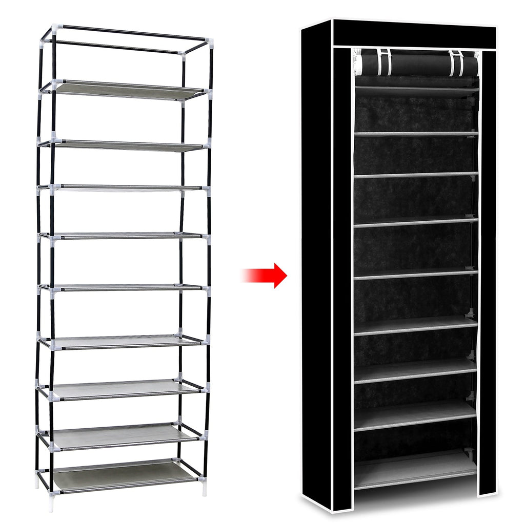 iMounTEK 10 Tiers DIY Shoe Cabinet Dustproof Easy Assemble Tidy Shoe Rack Non-Woven Fabric Holding 27 Pair Shoes Black