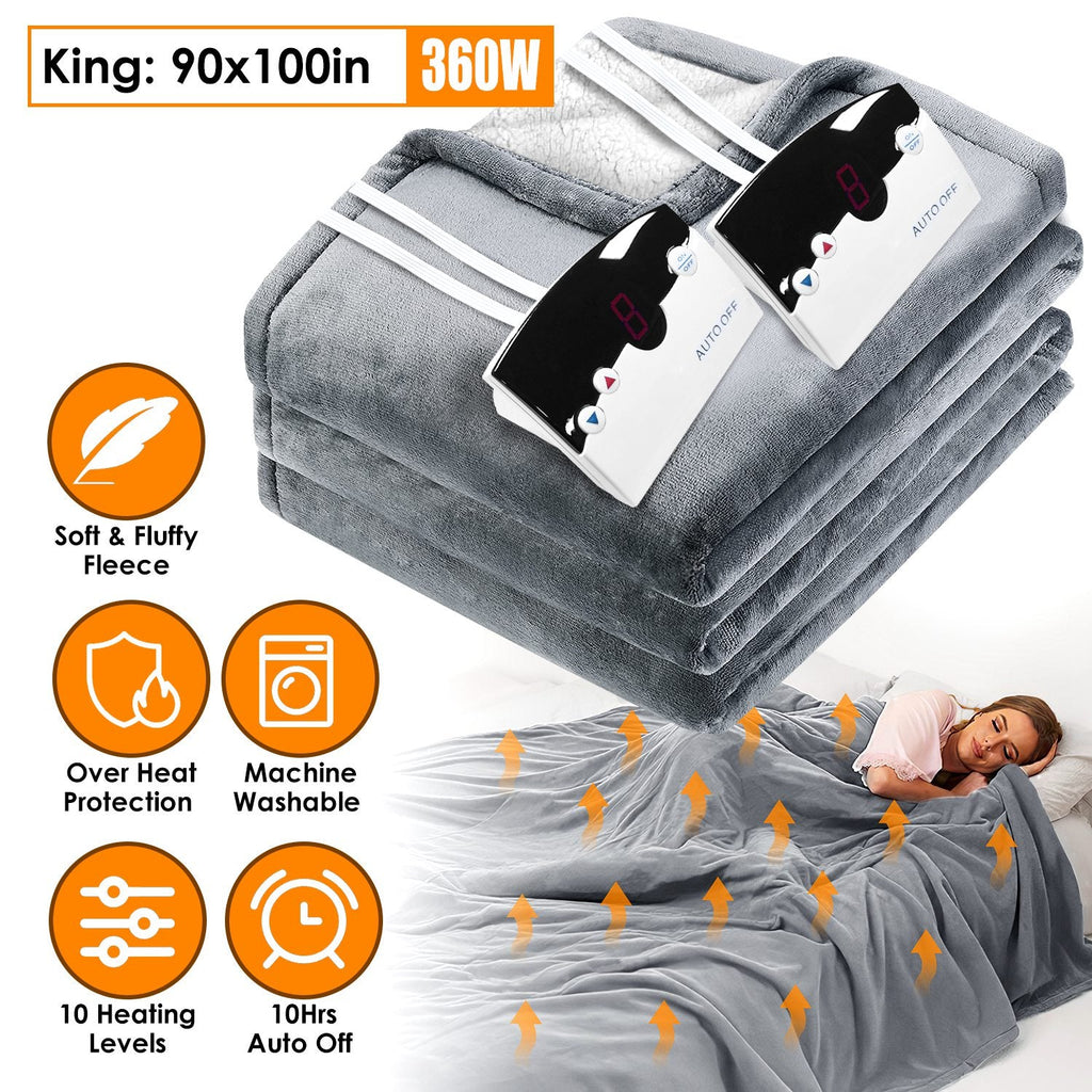 Electric Heated King Size Fleece Heated Blanket with Dual Controller 10 Heating Levels 10 Hours Auto Off Machine Washable for Home Office Usage 90x100