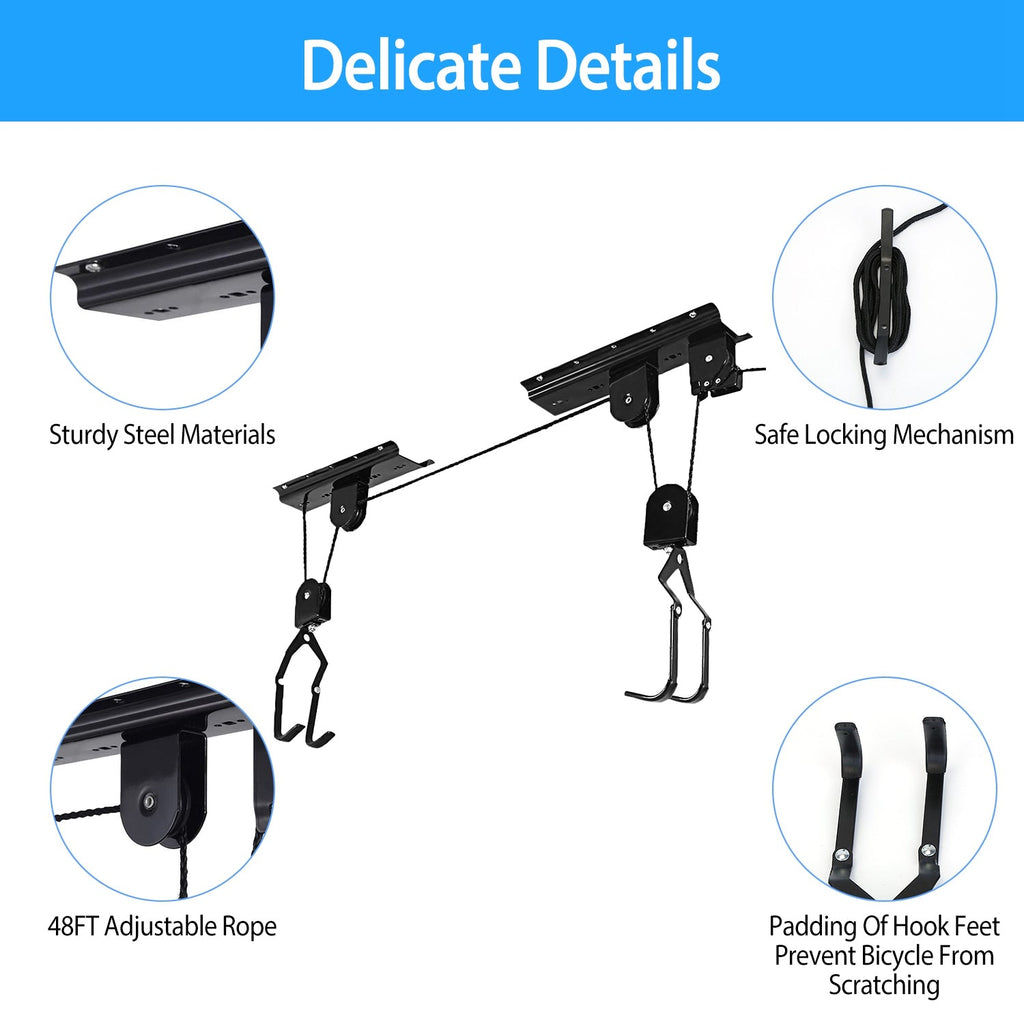 Bike Lift Ceiling Storage Mount 50LBS Load Bicycle Hoist Pulley Rack Heavy Duty Hanger w/ 48FT Rope For Ladder Kayak