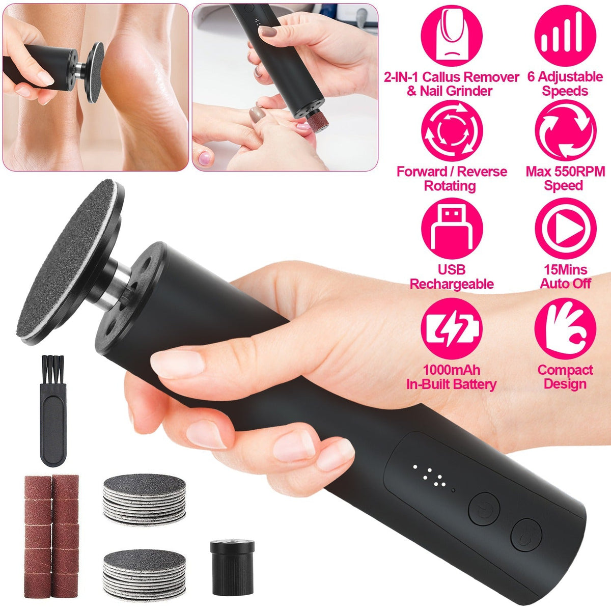Electric Foot Callus Remover 2 in 1 Rechargeable Foot File Nail Grinder Dead Skin Pedicure Tool Machine with 2 Grinding Heads Total 30Pcs Replaceable