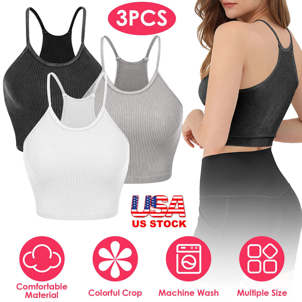 3 Pack Women Crop Basic Tank Top Ribbed Knit Sleeveless Round Neck 9 Color Machine Wash Summer Crop S to XL
