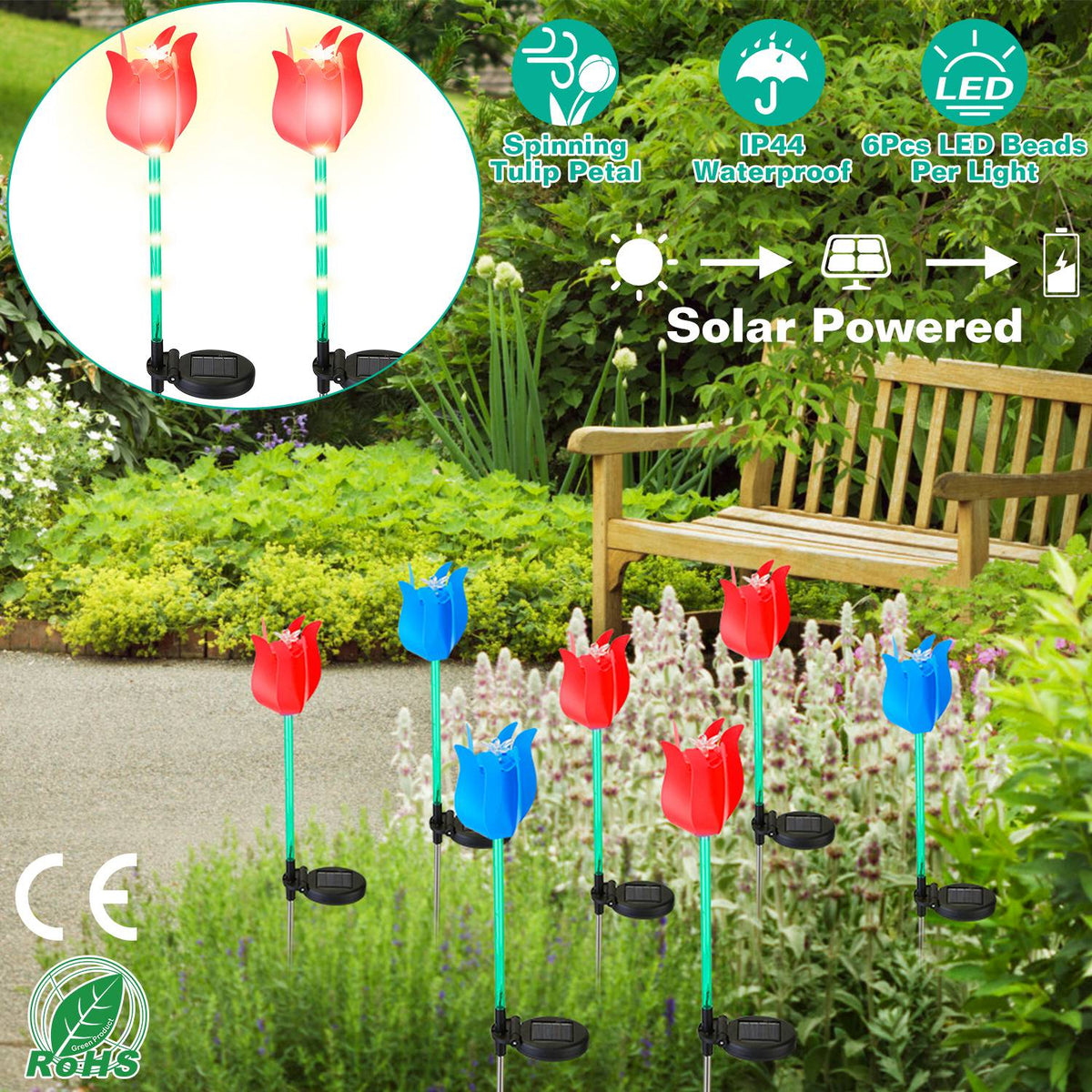 2Pcs Solar Powered Tulip Garden Light Wind Mill Waterproof Landscape Stake Lamp Decorative Lawn Lights For Yard Driveway Walkway Patio