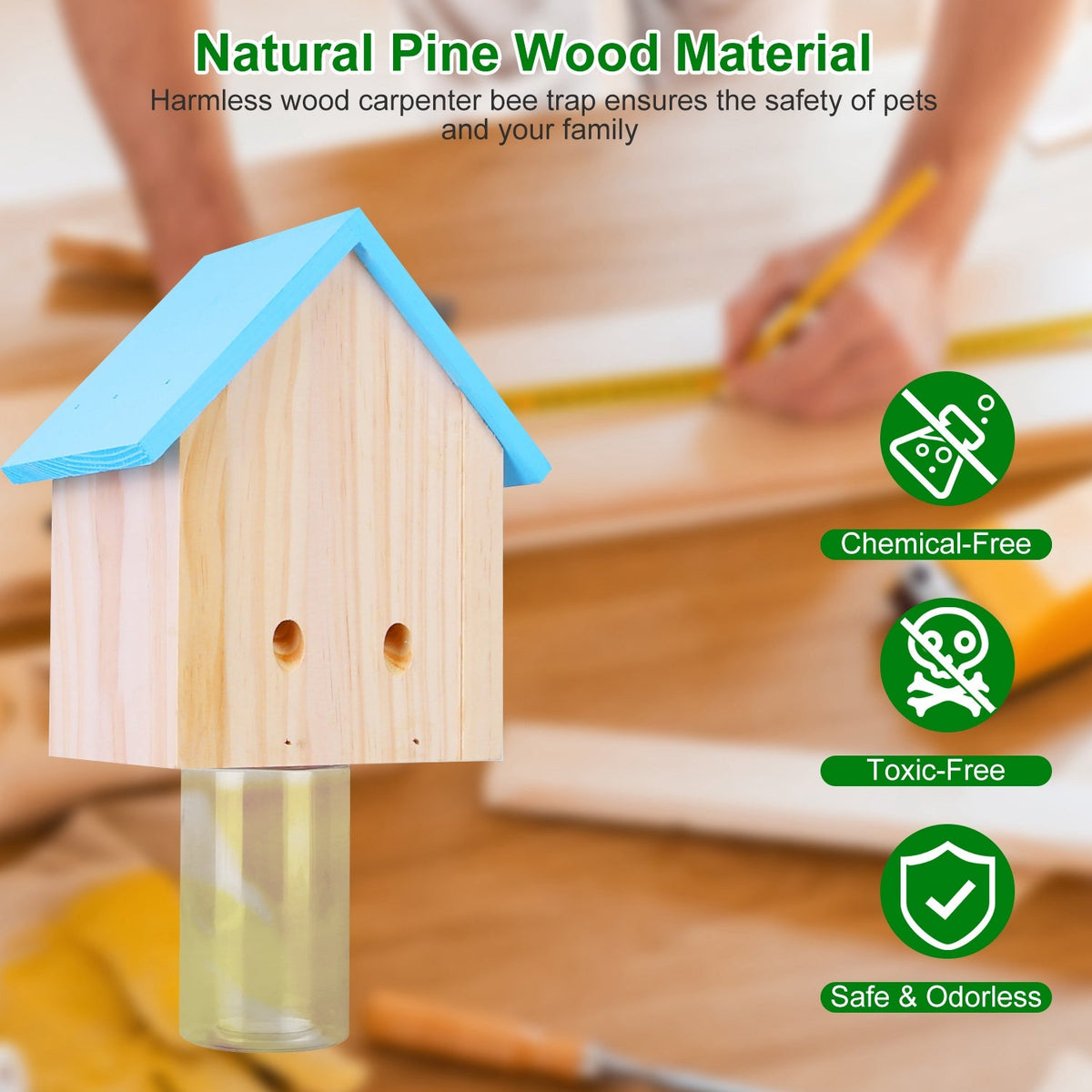 Wood Carpenter Bee Trap Outdoor Natural Pine Wood Outdoor Hanging Wooden Bee Trap For Outside Patio Deck Eave Fence