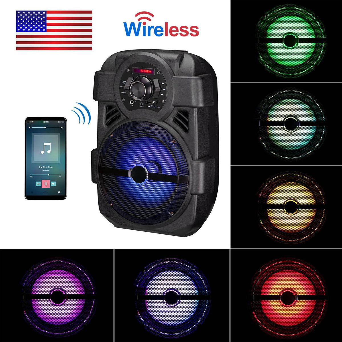 KOCASO Wireless Speaker Portable PA Karaoke System with 8" Subwoofer Sound System Wired Microphone w/ DJ Lights FM Remote Control