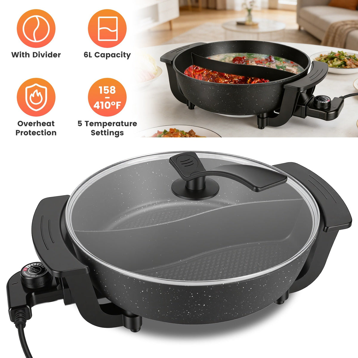 6L Electric Hot Pot with Divider 1100W Dual-Flavor Pot Shabu Shabu Pot Non-Stick with 5-Temp Control for Shabu Shabu Fondue Perfect for Family Gatheri